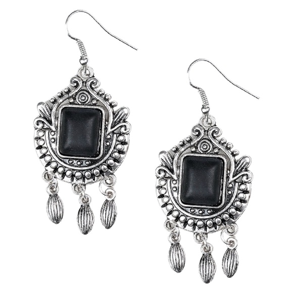 Silver Frame Square Black Stone Fringe Earrings Fishhook OPEN PASTURES - Picture 1 of 2